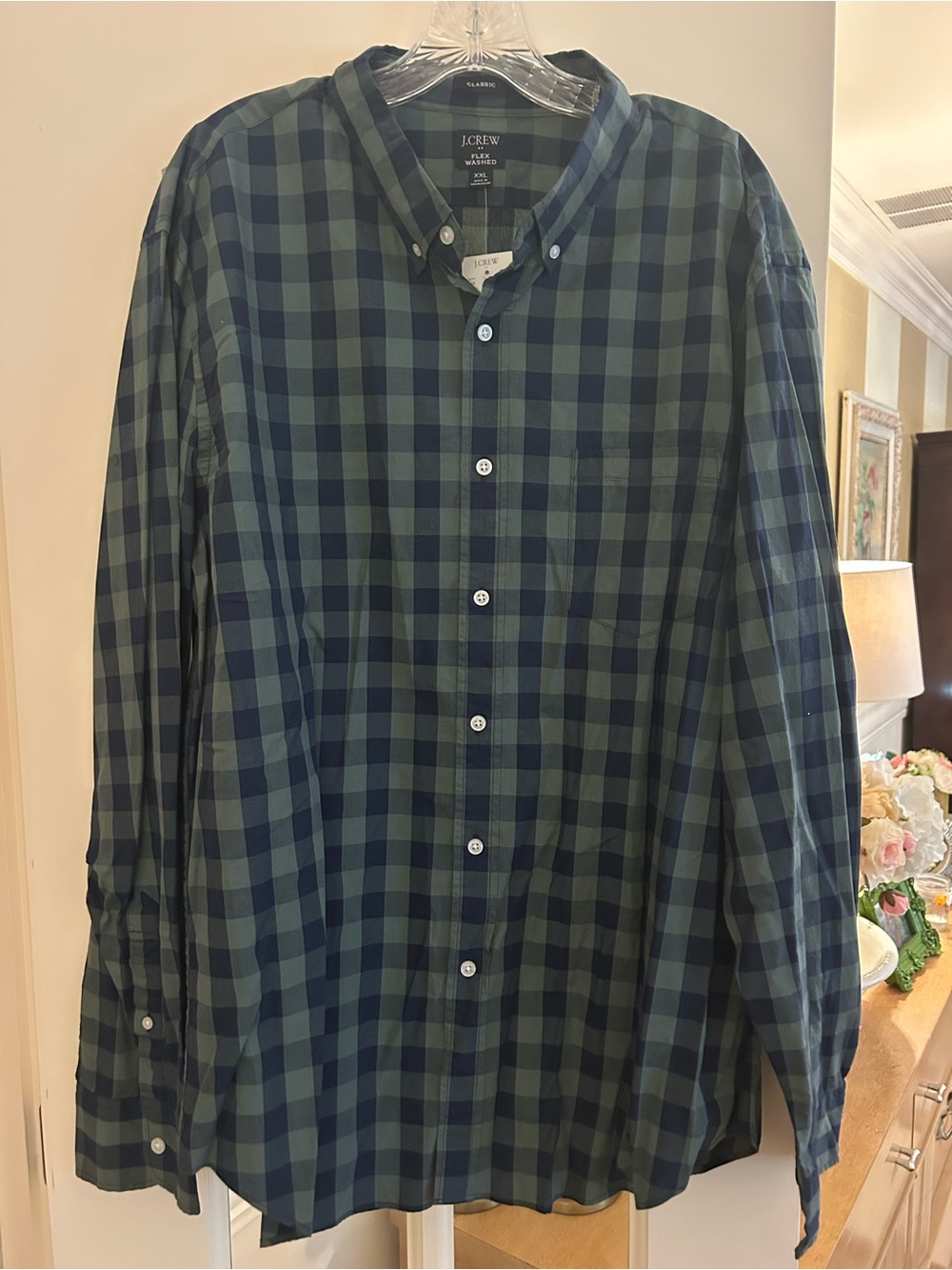 J. Crew Men's Green and Navy Plaid Button-Down Shirt